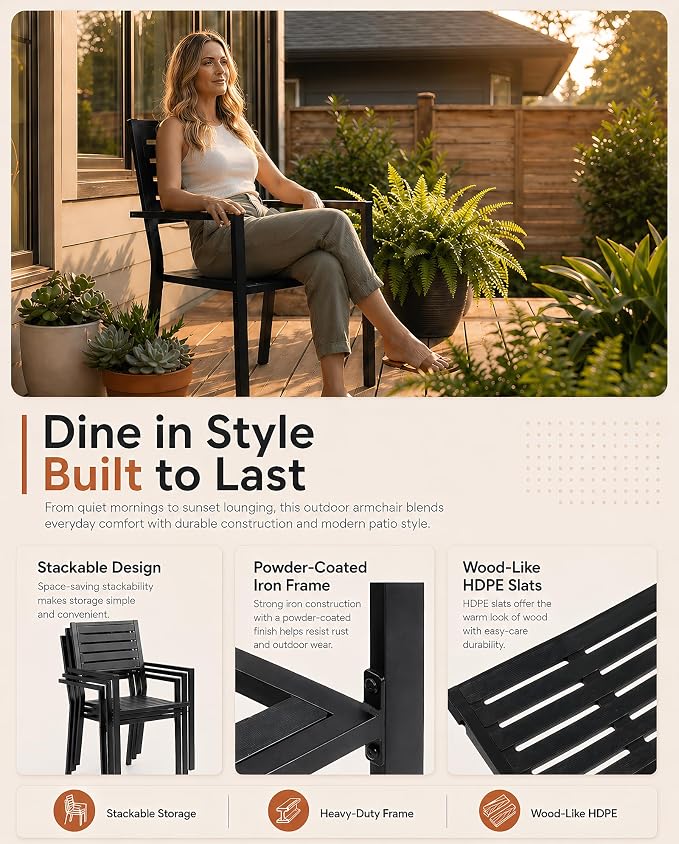 7 Piece Outdoor Dining Set All Weather Patio Dining Set with HDPE Wood-Like Tabletop, Rustproof Metal Outdoor Table and Chairs with 6 Stackable Chairs for Garden Backyard, Black