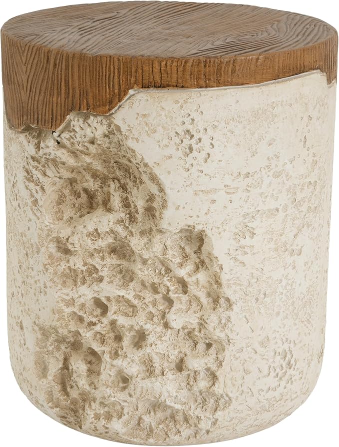 Outdoor Side Table, Modern Organic MGO Accent End Table for Patio, Living Room, Beige Tone Rustic Textured Base with Wood Grain Top