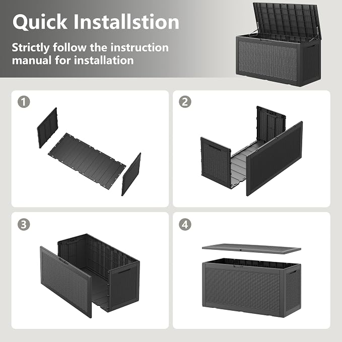 100 Gallon Extra Large Resin Deck Box with Hydraulic Rod ，Outdoor storage box with lockable lid, waterproof material, suitable for patio furniture, pool tools, outdoor equipment, gardening tools