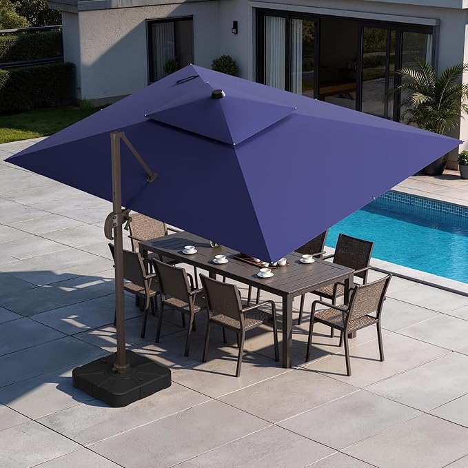 GENTEACO 9x12FT Cantilever Patio Umbrella with Base Included, Double Top Rectangle Offset Umbrella 7 Angle Tilts & 360° Rotation, Large Heavy Duty Outdoor Sun Umbrella for Pool Market, Navy Blue