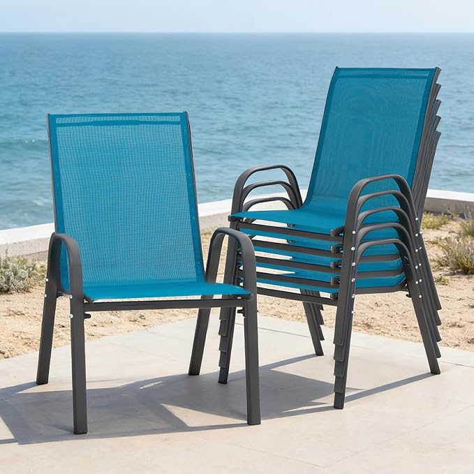 24.4" Wide Outdoor Stackable Chairs Set of 6, Stacking Patio Chairs with Textilene Fabric, Outside Furniture for Garden Backyard Balconie Poolside Deck, Blue