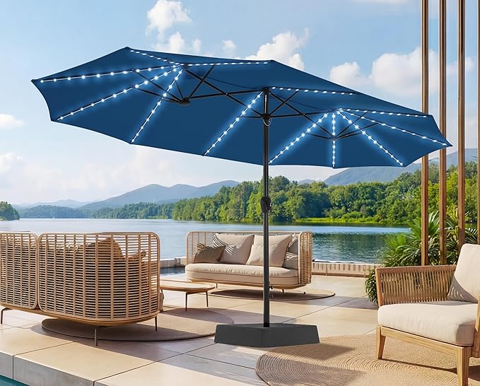 SUPERJARE 15ft Large Patio Umbrella with Base included, Double Sided Outdoor Umbrella with Solar Lights, Pool Umbrella with Fade Resistant Canopy for Deck, Porch, Yard, Balcony, Navy Blue