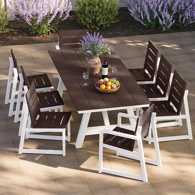 Costaelm Rectangle Patio Table, 8-Person Backyard Table 90" HDPE Dining Table with Umbrella Hole and Metal Frame for Outside, Garden, Poolside, Deck, Porch, Balcony, Dark Brown