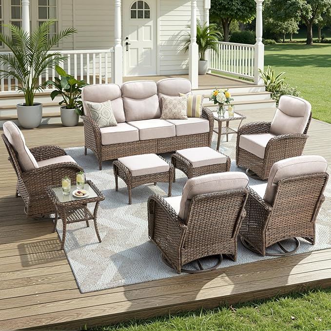 Luxury Outdoor Patio Furniture Set with 6-Inch Thick Cushions, 9 Pieces Wicker Outdoor Furniture with High Back Swivel Patio Chairs Set of 4, Outdoor Patio Conversation Set for Deck Garden, Beige