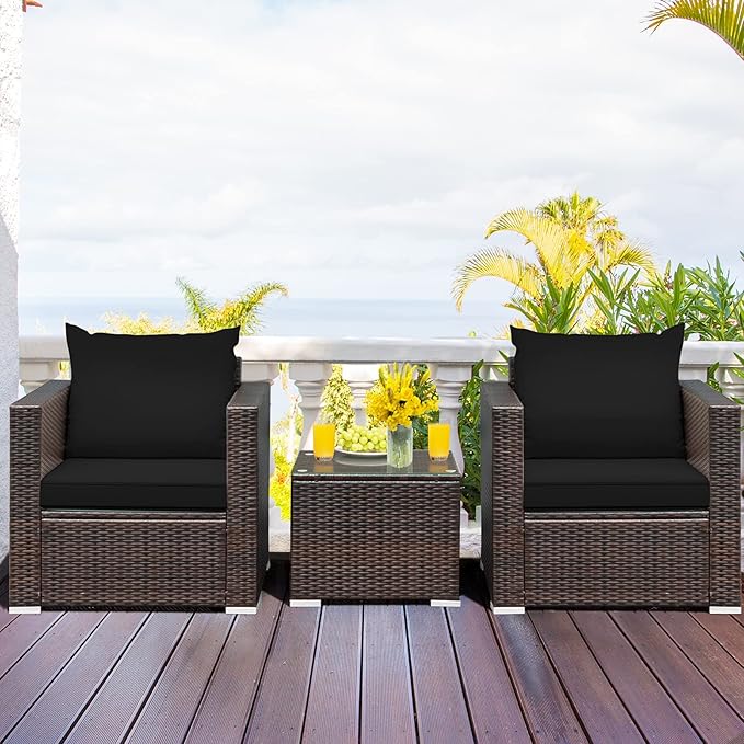 HAPPYGRILL 3PCS Patio Furniture Set Rattan Wicker Sofa Set with Cushions and Coffee Table Outdoor Patio Conversation Set for Garden Poolside Balcony