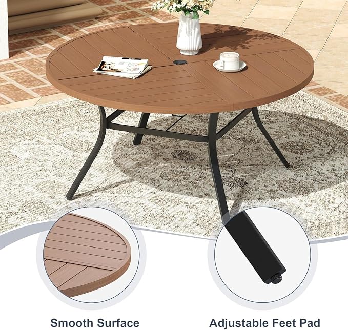 VICLLAX 7 Pieces Patio Outdoor Dining Set, 6 Swivel Textilene Chairs and 50" Round Metal Table with Umbrella Hole for Porch, Deck, Garden, Walnut//Brown