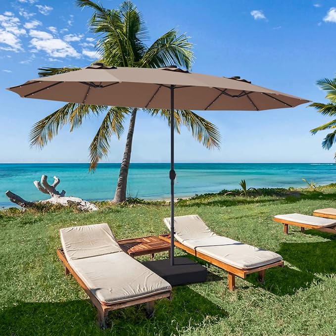 Tangkula 15 Ft Solar Patio Umbrella with Base, Extra Large Outdoor Double-Sided Twin Umbrella with 36 LED Lights & Crank Handle for Garden, Deck, Poolside, Patio (Tan)