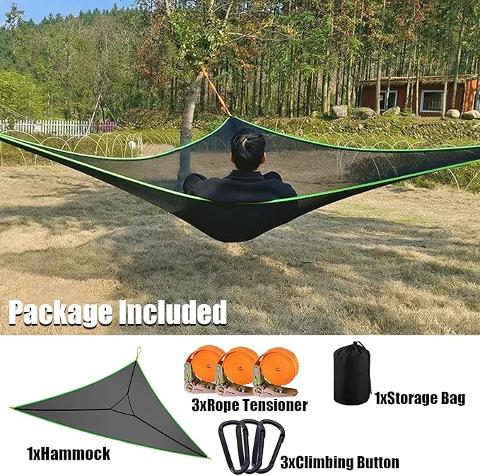 Triangle Hammock 13Ft Multi Person 3 Point Tree Hammock,Max 600LBs Extra Large Sky Camping Hammock for up to 2-4 Adults/Kids with 3 Ratchets/Straps/Net Pockets/Carabiners and Storage Bags-Black ﻿
