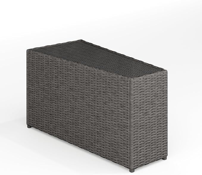 Martha Stewart Bedford Indoor-Outdoor Tapered Patio Side Table with Inset Tempered Glass Top and Rattan Wicker Finish in Gray