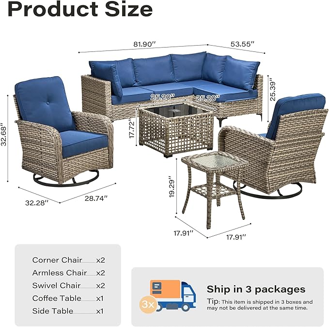 8 Pieces Outdoor Sectional Patio Furniture Set with Swivel Rocking Chairs,Conversation Sets Rattan Wicker L Shaped Couch,Modular Outdoor Sofa for Porch Balcony Backyard Navy Blue