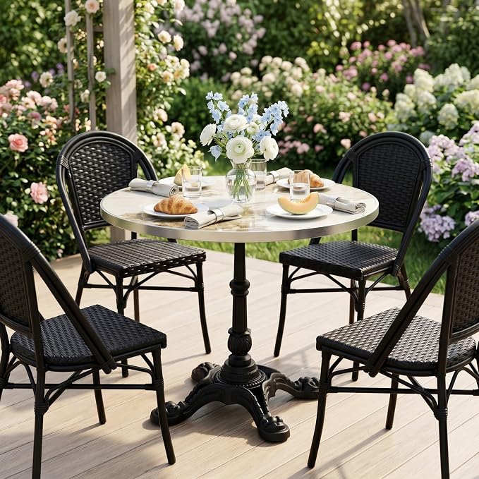 31.5 Inch Round Outdoor Patio Dining Table, Sintered Stone Bistro Table with Cast Iron Pedestal Base for Balcony Garden Poolside Cafe, Seats 2 to 4, Ivory Marble
