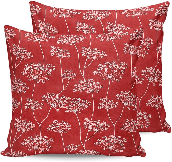 Outdoor Waterproof Throw Pillows 16x16in, Pastoral Wildflowers Dandelion Patio Pillows Pack of 2,Decorative Pillow Covers with Insert,Pillow Cushion Case for Garden Couch Sofa Vibrant Red Background