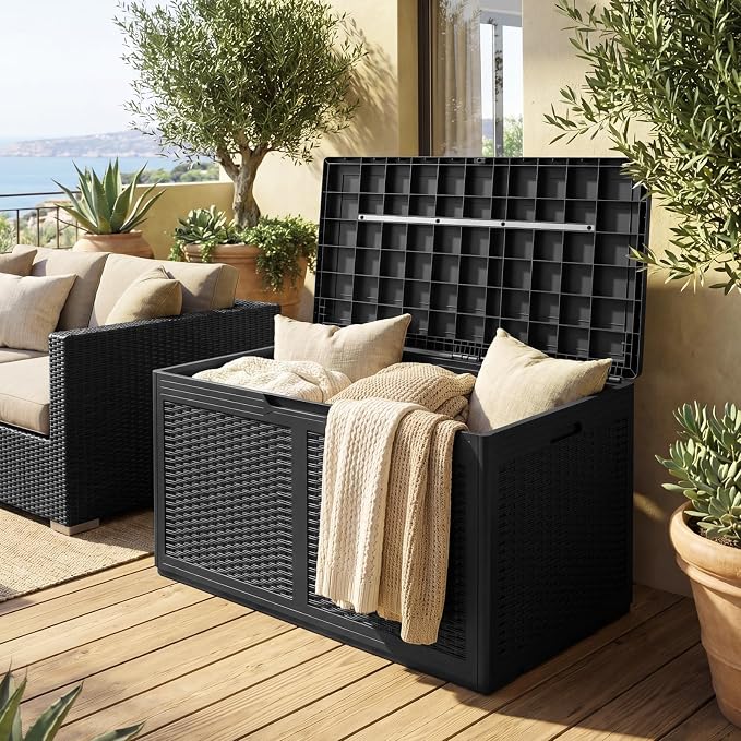 Tangkula 100 Gallon Outdoor Storage Box, Lockable Outdoor Storage Bench with 2 Smooth Wheels, Faux Rattan Surface, Waterproof Resin Deck Box for Outside Poolside Patio Garden (Black)