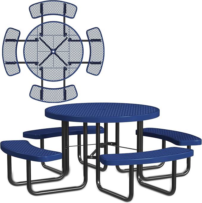 Leisure Craft Metal Picnic Table with Bench - 46"" Round Outdoor Dining Table for 8 with Umbrella Hole, Weatherproof Heavy Duty Thermoplastic Coating, Commercial Grade Furniture Made in USA - Navy