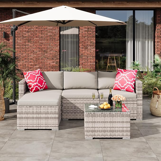 5-Piece Outdoor Sectional Sofa Set, All-Weather PE Rattan Patio Furniture with Ottoman & Tempered Glass Table, Convertible Garden Couch for Backyard, Porch, Poolside (Gray/Light Gray)