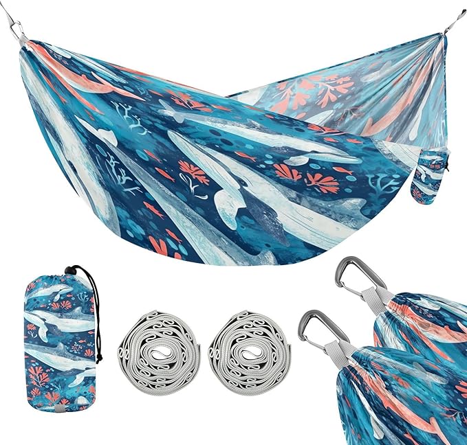 Qilmy Whales and Ocean Animals Camping Hammock Single – 330 lbs Capacity, Lightweight with Tree Straps & Carabiners, Portable for Hiking, Travel, Backpacking