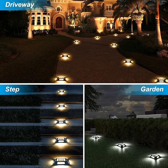 Solar Deck Lights Driveway Dock Lights- 8 Packs Waterproof 1200mAh Solar Powered Outdoor LED Aluminum Dock Lighting Road Markers Step Light for Sidewalk Garden Pathway Yard (White/Warm White)