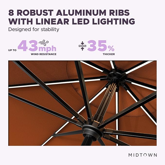Midtown Umbrellas The LED Swilt 10 Feet Patio Umbrella With Sunbrella Terracotta Acrylic Fabric - Auto-Tilt Aluminum Frame With LED Lights For Backyard, Deck, Garden, Pool - Black Pole