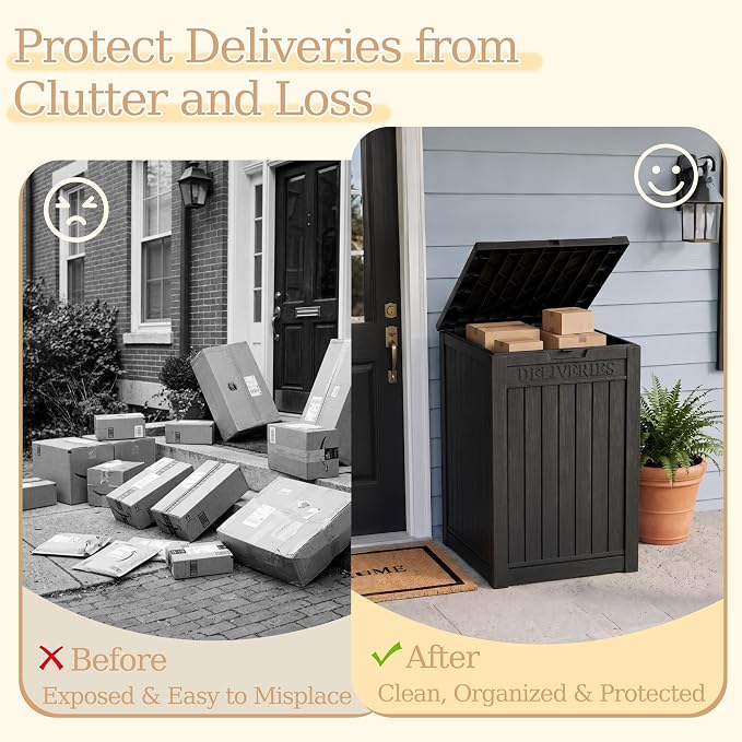 Outdoor Storage Box, 70 Gallon Package Delivery Boxes for Outside, with Lockable Secure, Deck Box Outdoor Waterproof for Entryway, Front Porch, Backyard, Garden, Patio, Lawn, Black