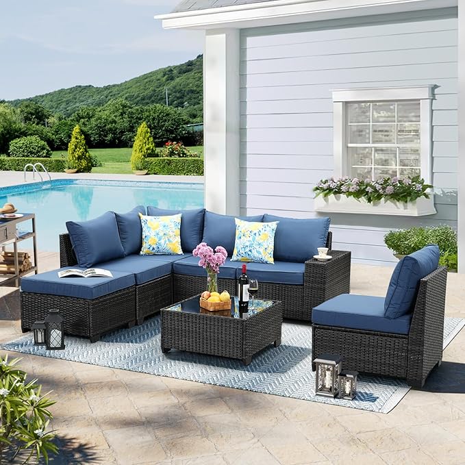 7 Pieces Patio Furniture Set,Wicker PE Rattan Outdoor Sectional with Cushion & Coffee Table, Patio Conversation Sofa for Garden, Backyard, Poolside,Navy