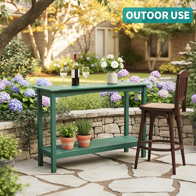 Outdoor Console Table, All-Weather 2-Tier Patio Console Table, Outside Plant Stand Table, Low Maintenance, Never Rot or Fade, HIPS Table for Indoor, Backyard, Garden, Entryway, Green