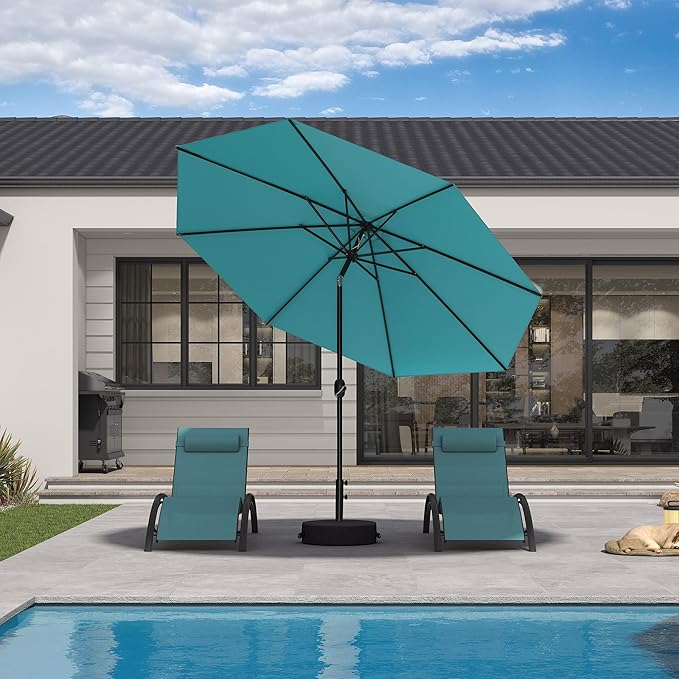 PURPLE LEAF 10' Round Patio Umbrella Outdoor Table Umbrella Aluminum Frame Market Umbrella with 8 Sturdy Ribs & Tilt for Garden Deck Lawn Pool Turquoise Blue