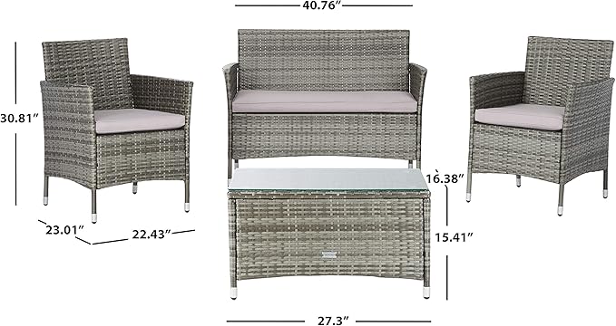 SAFAVIEH PAT7506B Collection Bandele Grey 4-Piece Outdoor Living Patio Set