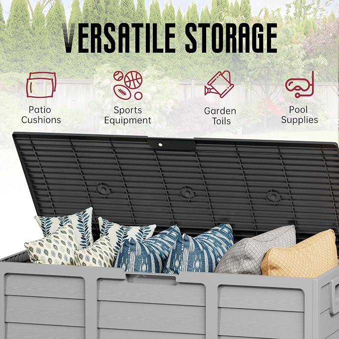 Crownland Outdoor Storage Deck Box - Upgraded 75 Gallon Sun-proof Woodgrain Patio Storage Box for Balcony, Garden, Grey