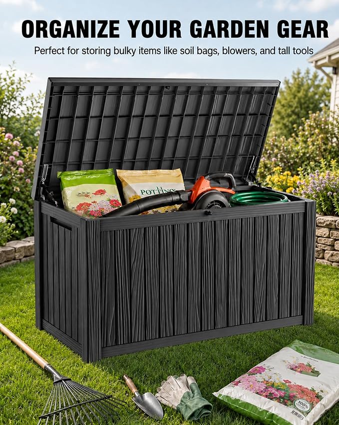 MAKINO 205 Gallon Large Waterproof Deck Box, Heavy Duty Resin Outdoor Storage Box, Outdoor Storage Bench with Hydraulic Rod for Patio Furniture/Cushions/Garden Tools/Backyard/Pool Accessories, Black