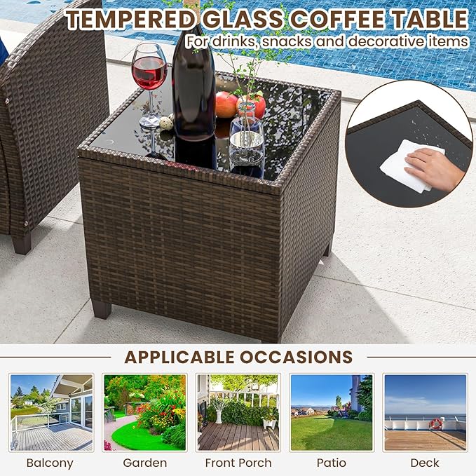 ORALNER 5 Pieces Patio Furniture Set with Ottoman, Wicker Conversation Set w/Cushions, Glass Coffee Table, Outdoor Rattan Lounger Chairs Bistro Set for Porch Balcony Garden Deck Poolside (Navy)