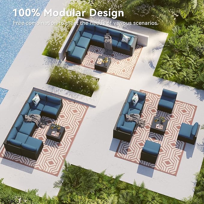 LazySunsets 7 Piece Outdoor Patio Furniture Set with Coffee Table, Outdoor Patio Furniture Sets with Waterproof Cover and 4'' Cushion, Wicker Rattan Outdoor Conversation Set for Backyard, Peacock Blue