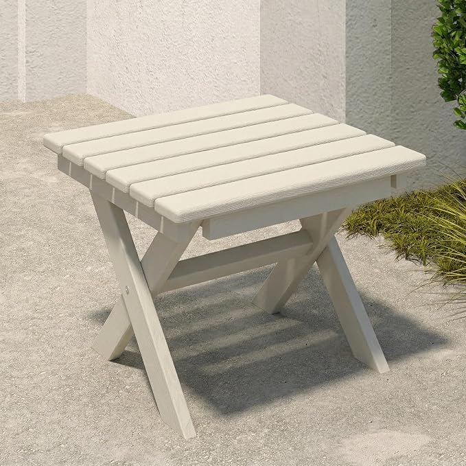 Outdoor Folding Side Table, Lightweight & Space-Saving Design, All-Weather HDPE Material, Realistic Wood-Grain Finish (White,1 Table)