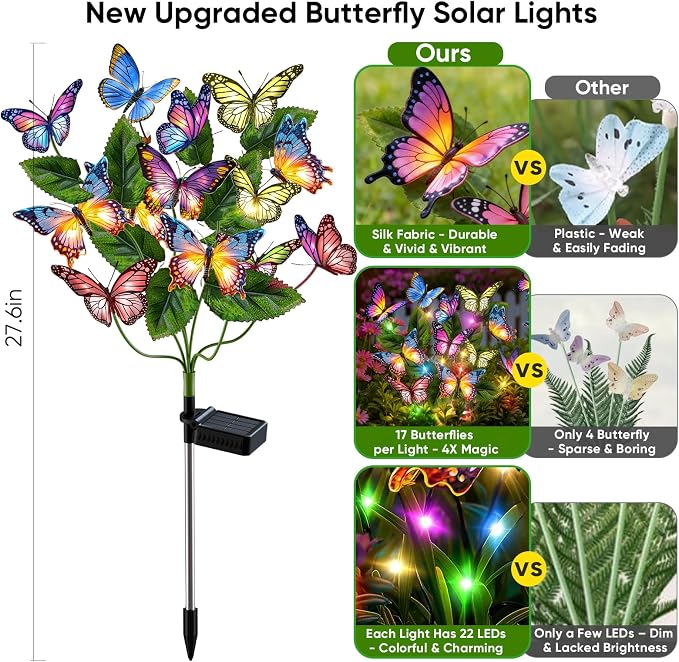 Solar Lights Outdoor Garden Decor: 8 Pack 136 Silk Butterflies with 176 Color-Changing LEDs - Auto On/Off 12H Magical Lighting IP65 Waterproof for Yard Patio Pathway - Unique Gifts for Mom Grandma