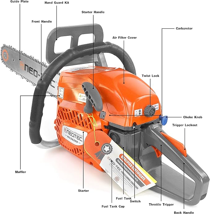 NEO-TEC 20 Inch 62CC Gas Powered Chainsaw 2-Cycle Petrol 3.5HP Handheld Reliable Motosierra De Gasolina for Tree Pruning Wood Cutting Firewood Preparation & Yard Maintenance