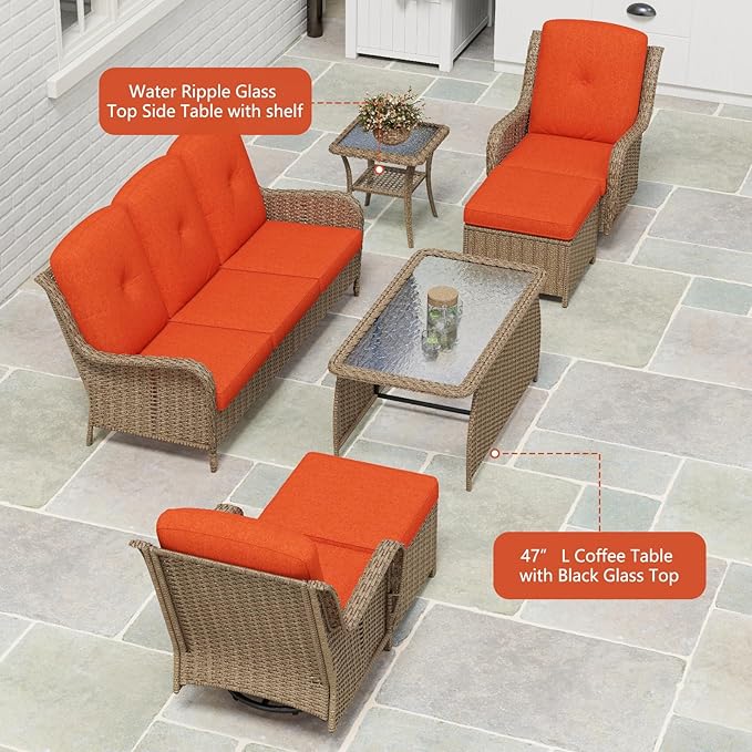 Kinsuite 7 PCS Patio Furniture Set, Outdoor Conversation Sets with Swivel Chairs & Ottomans, All-Weather Wicker Light Brown Sectional Sofa with Thicken Cushions for Garden, Lawn, Backyard, Orange