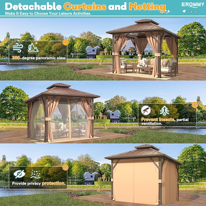 EROMMY 10' x 10' Hardtop Gazebo, Aluminum Frame Gazebos with Galvanized Steel Double Roof, Permanent Outdoor Metal Pavilion with Curtain and Netting for Patio, Lawn, Deck