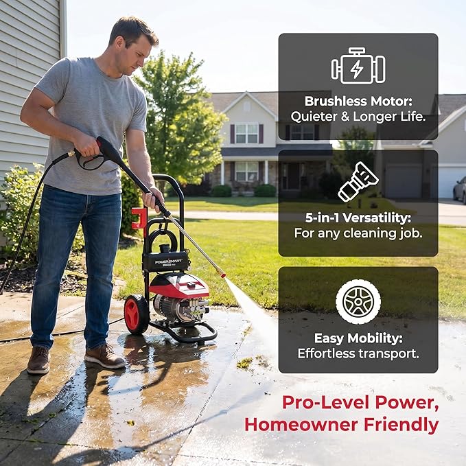 PowerSmart 3000 Max PSI Electric Pressure Washer with Induction Brushless Motor, 1.2 GPM High Pressure Cleaner, 5 Nozzles, 8” Wheels, Detergent Tank, for Car, Patio, Fence, Driveway Cleaning