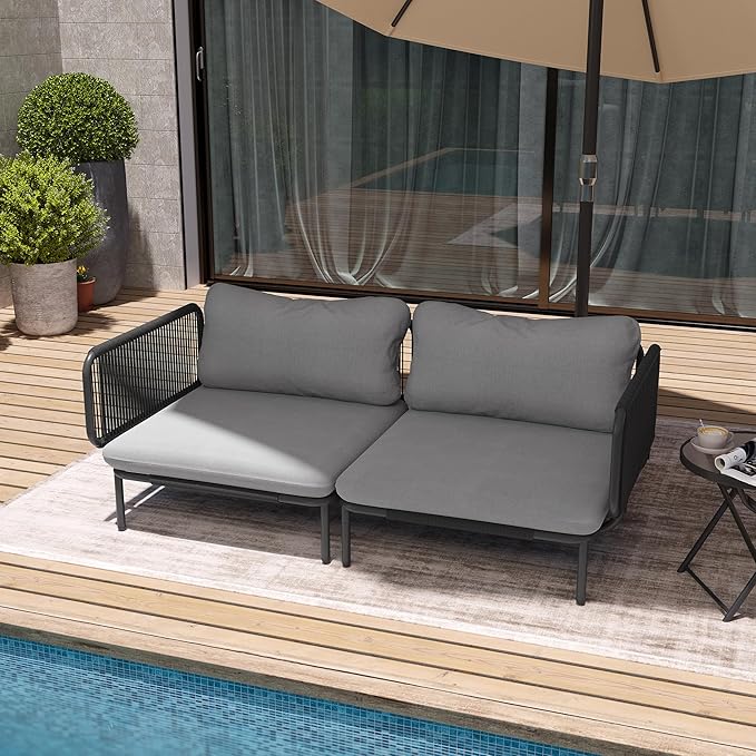 Patio Furniture Set, Outdoor Patio Furniture Oversized Metal Patio Sectional Sofa, 2-Seat Conversation Set with Cushion for Indoor and Outdoor, Black Frame & Dark Grey Mat (2 Seats 4 Armrests)