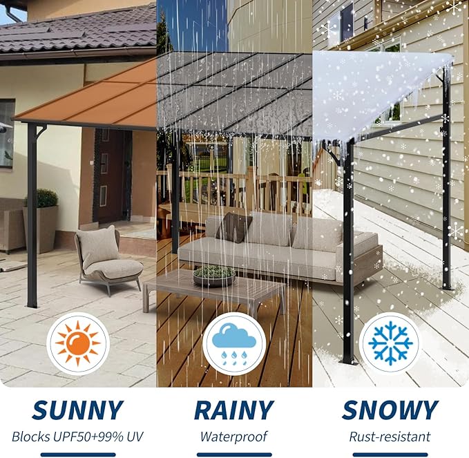 10x12ft Lean to Gazebo with Polycarbonate Hardtop Roof - Hardtop Wall Pergola, Aluminum Frame Wall Mounted Gazebo for Patio, Deck, Yard, Garden & Party Shade