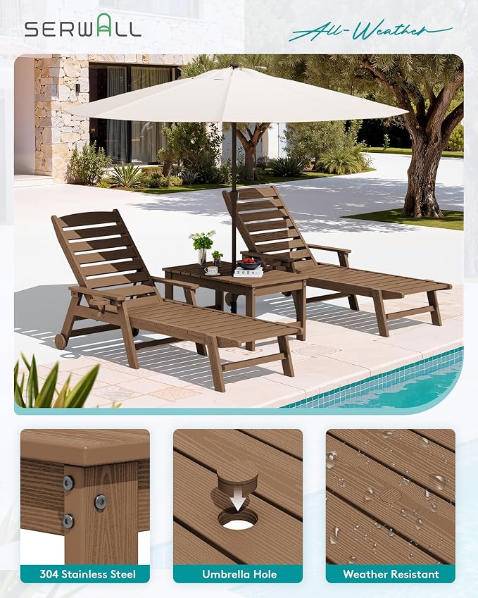 SERWALL Outdoor Coffee Table with 9FT Umbrella, HDPE Patio Coffee Table for Outside, Rectangle, Brown(Not Include Umbrella Base)