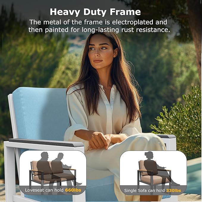 4-Piece Outdoor Patio Furniture Set, Metal Conversation Sofa Set with Deep Cushions & Wood-Like Armrests, Modern Patio Seating with Coffee Table for Garden, Porch, Balcony, Backyard (White)