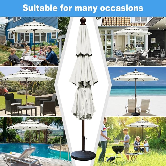 Eurmax USA 10-Year-Non-Fading 10FT 3-Tier Outdoor Patio Market Umbrella,UPF50+ UV Resistant,Heavy Duty Commercial Grade,Crank Lift Design,Windproof Vented Top for Garden,Pool,Deck,Natural
