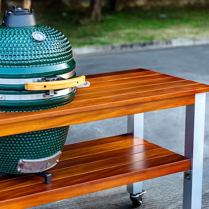 African Teak Grill Table for Large Big Green Egg, Outdoor Wood Table with Aluminum Legs and 3-Inch Locking Casters,Low Maintenance & Easy Assembly Tables for Garden | Natural