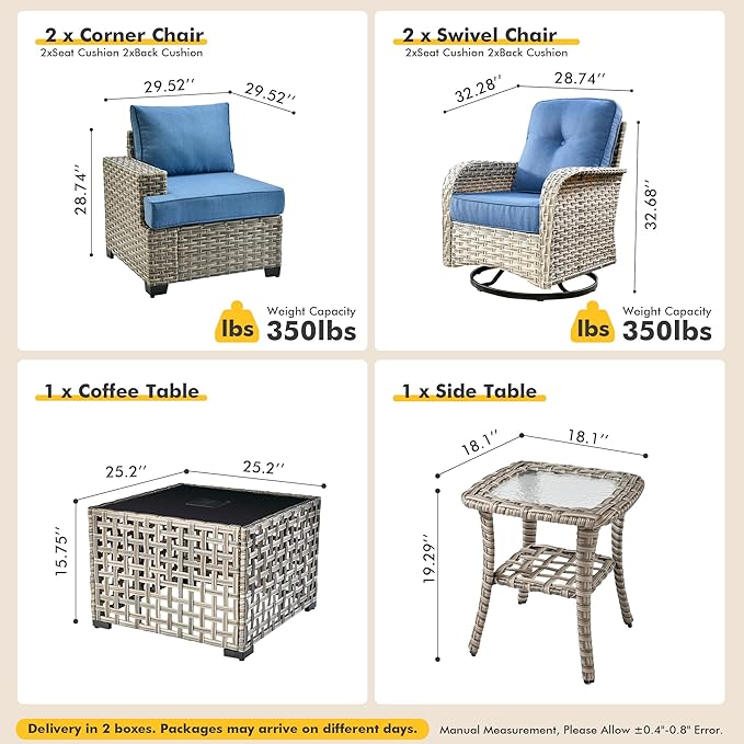 6 Pcs Outdoor Sectional Patio Furniture Set with Swivel Rocking Chair - All Weather Wicker Outside Sectional Couch,Patio Seating Outdoor Conversation Sets for Deck Yard,Blue