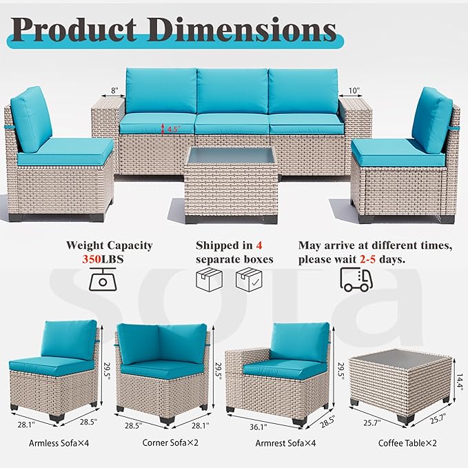 12 Pieces Patio Furniture Set, Outdoor Sectional Wicker Sofa with Thickened Cushions and Coffee Table, High Back Rattan Patio Conversation Sets for Garden Backyard, Cyan