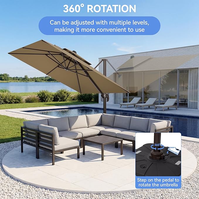 10x10FT Beige Brown Cantilever Outdoor Patio Umbrella with Base, Large Square Offset Design, Double Top Heavy Duty Aluminum Frame & 360° Rotation for Pool Garden Deck Backyard