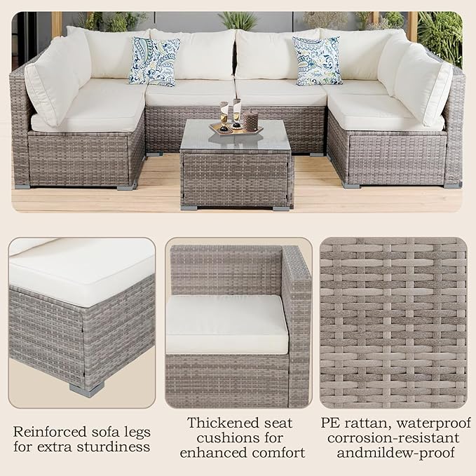 7 Piece Outdoor Patio Sectional Sofa Set, All-Weather Wicker Patio Furniture Set, with able Cushions & Tempered Glass Table for Backyard, Poolside, Garden Patio Conversation Sets