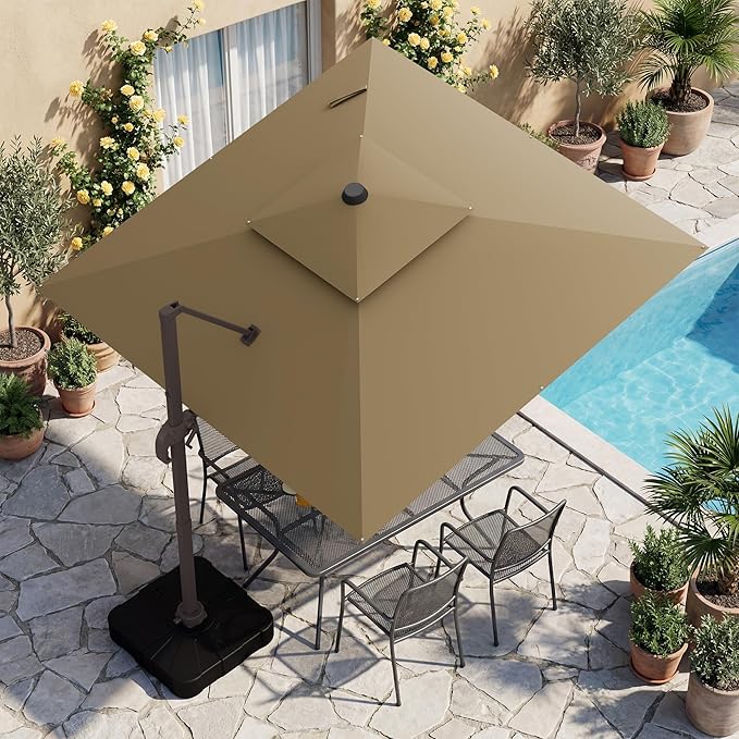 HASLE OUTFITTERS 10x10 FT Patio Cantilever Umbrella, Outdoor Offset Large Square Heavy Duty Double Top Umbrellas with 360° Rotation for Pool Garden Deck，Tan