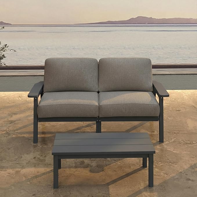 Patio Furniture Set 2 Seats, HDPE Outdoor Sectional with Gray Washable Thick Cushions, Coffee Table, Patio Conversation Sets for Lawn, Garden, Porch, Balcony, Deck (Grey Frame)