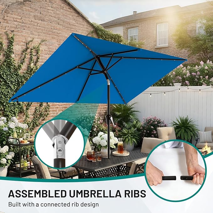 AreShark 6.5' x 10' Rectangular Patio Umbrella with Solar Lights, Solar Powered Lighted Market Umbrella w/Tilt and Crank, Outdoor Table Umbrella for Garden, Deck, Backyard, Pool and Beach, Royal Blue